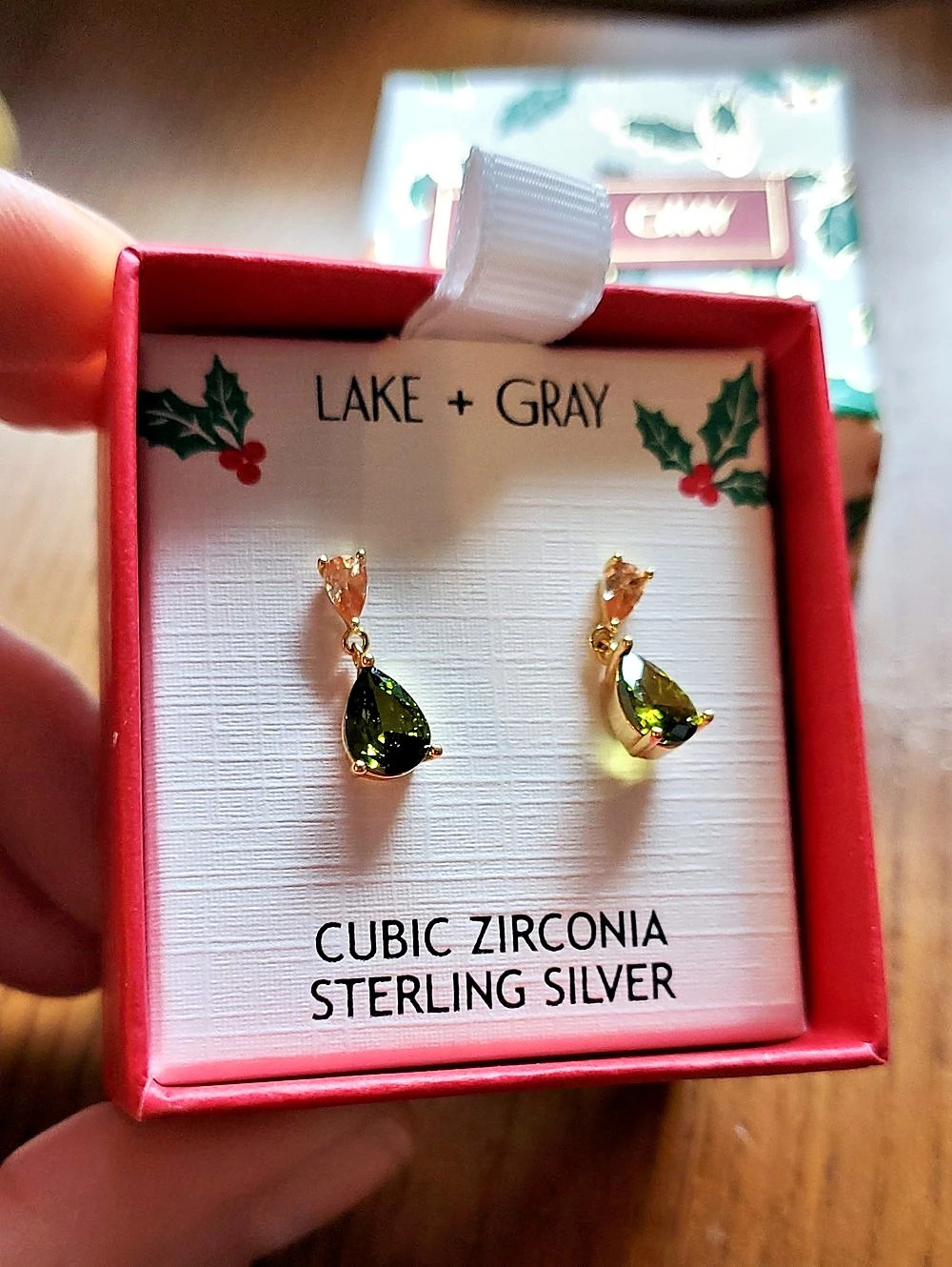 Lake + Gray Cubic Zirconia Drop Earrings in Gold & Green NWT